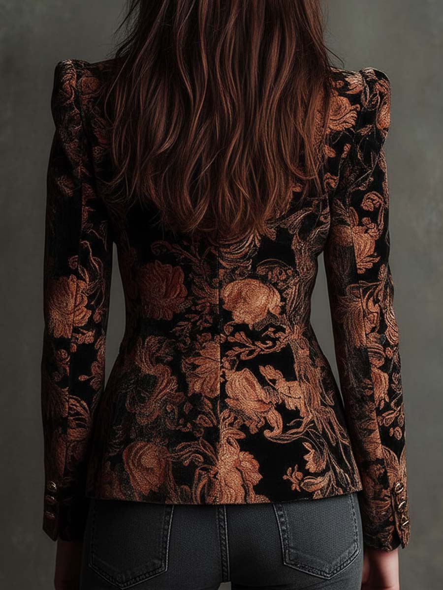 Sofía | Blazer de Corte Sastre con Estampado Floral Negro y Bronce