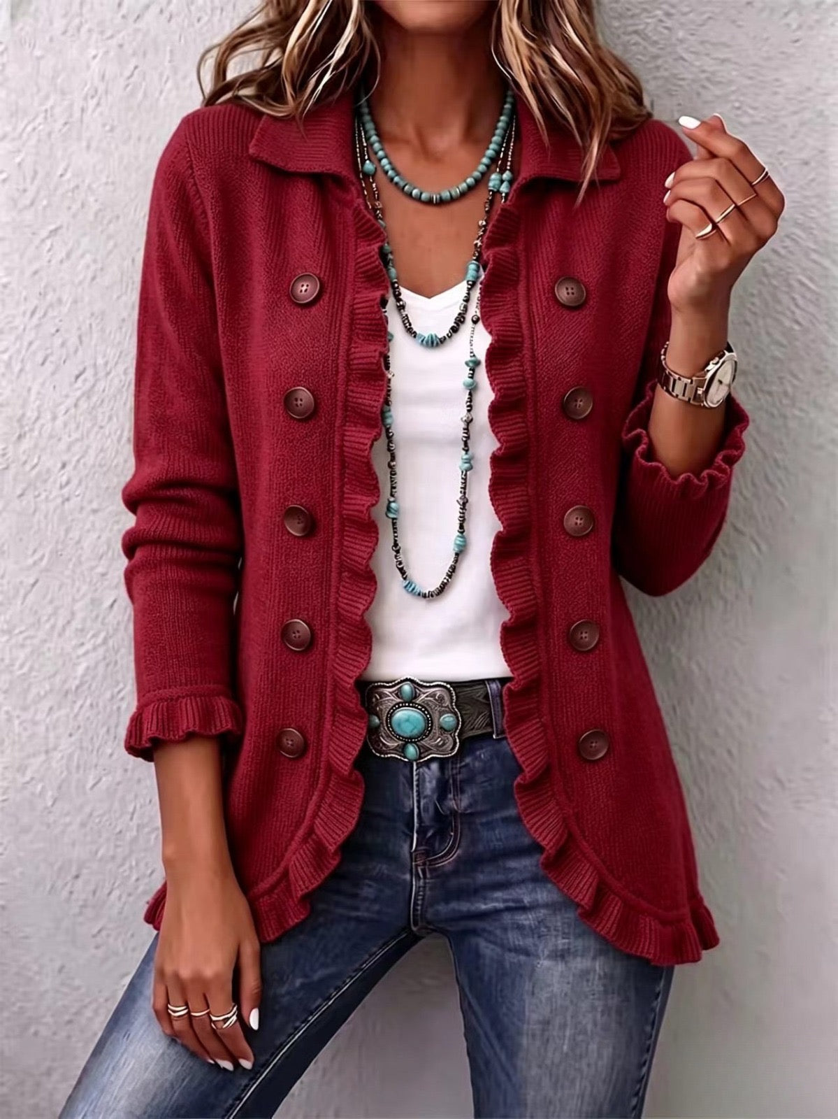 Annunziata | Chaqueta de Punto Rojo Rubí con Volantes