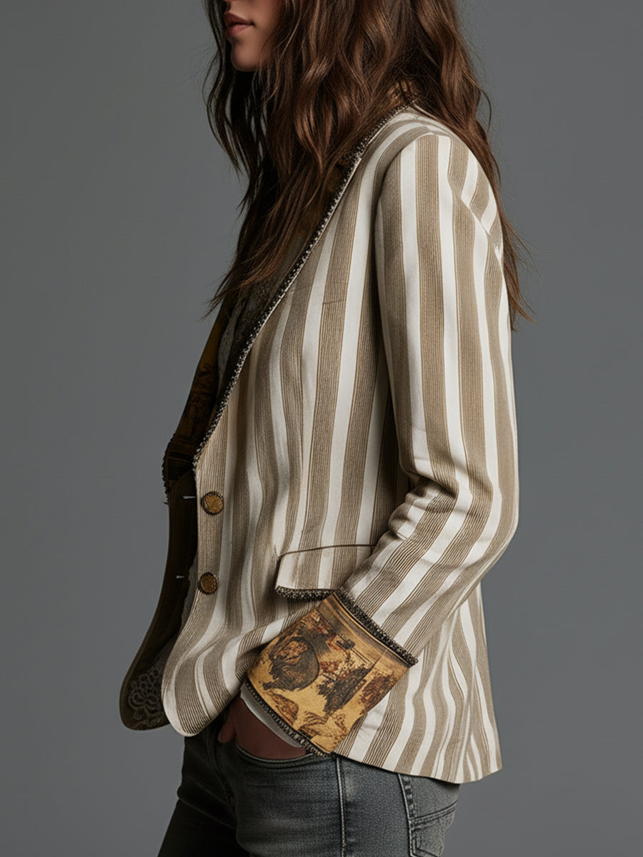 Rosa | Blazer Bohemio de Rayas con Cuello Estampado