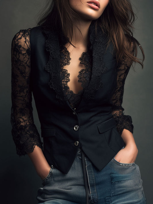 Victoria | Blazer Negro con Mangas Semitransparentes