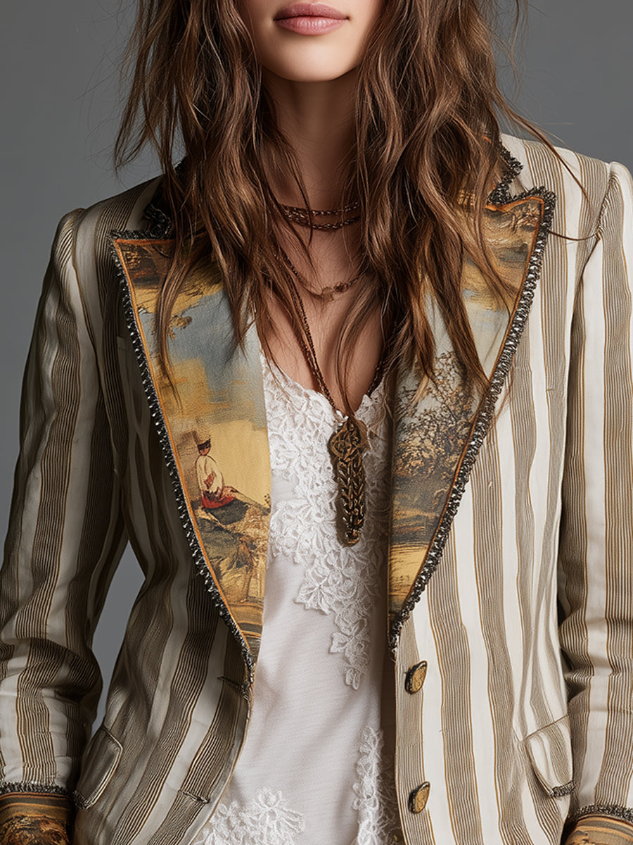 Rosa | Blazer Bohemio de Rayas con Cuello Estampado