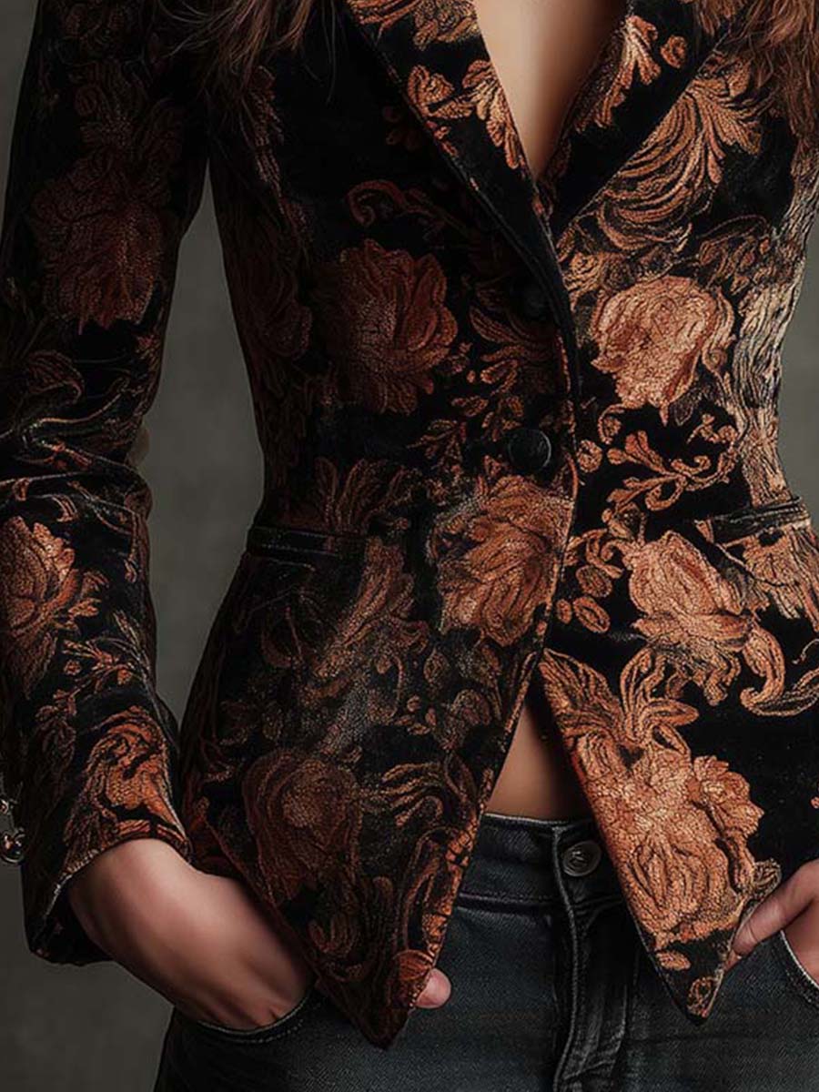 Sofía | Blazer de Corte Sastre con Estampado Floral Negro y Bronce