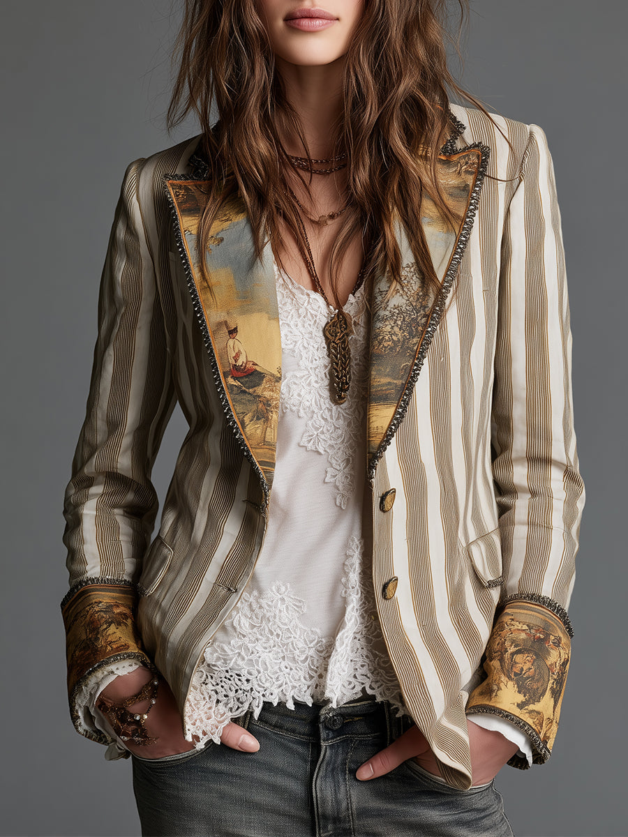 Rosa | Blazer Bohemio de Rayas con Cuello Estampado