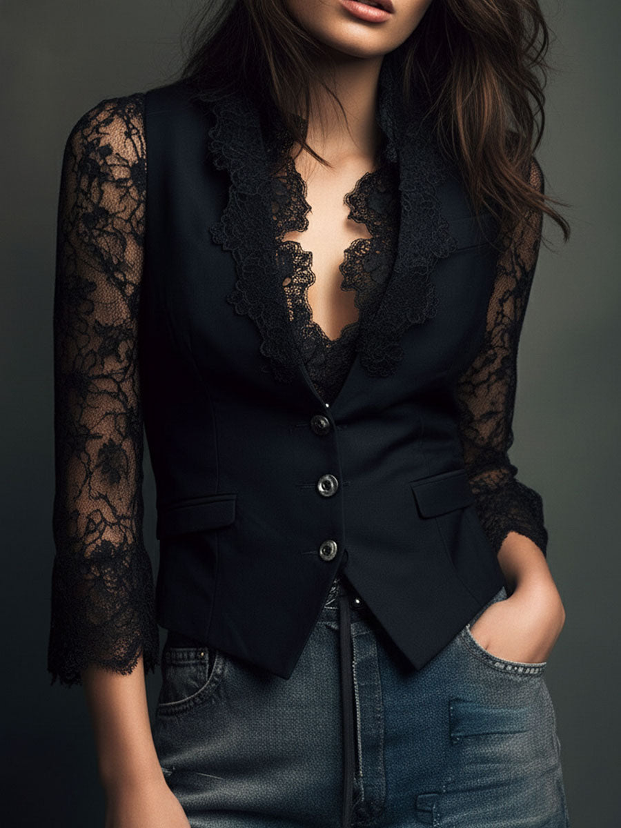 Victoria | Blazer Negro con Mangas Semitransparentes