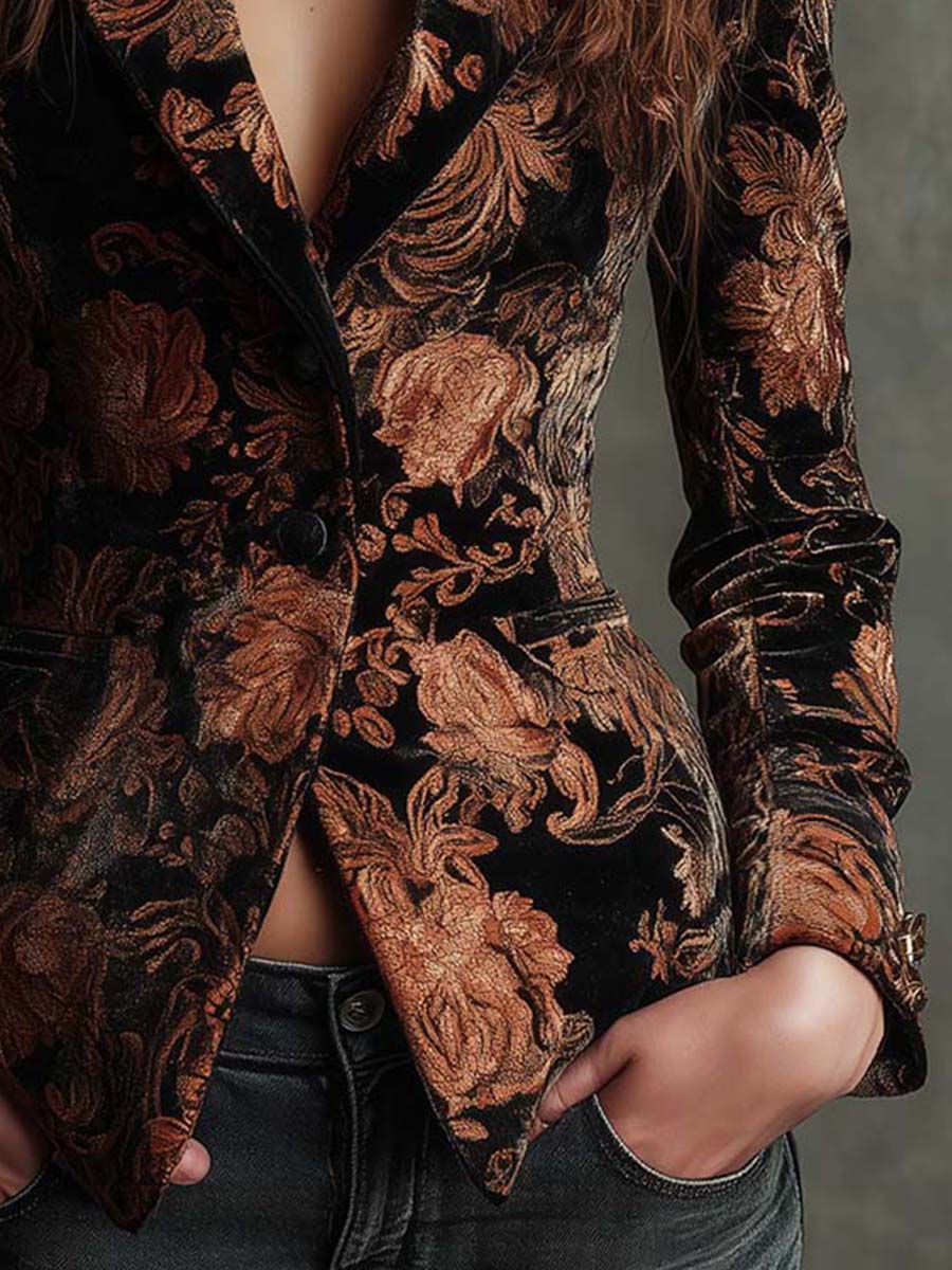 Sofía | Blazer de Corte Sastre con Estampado Floral Negro y Bronce