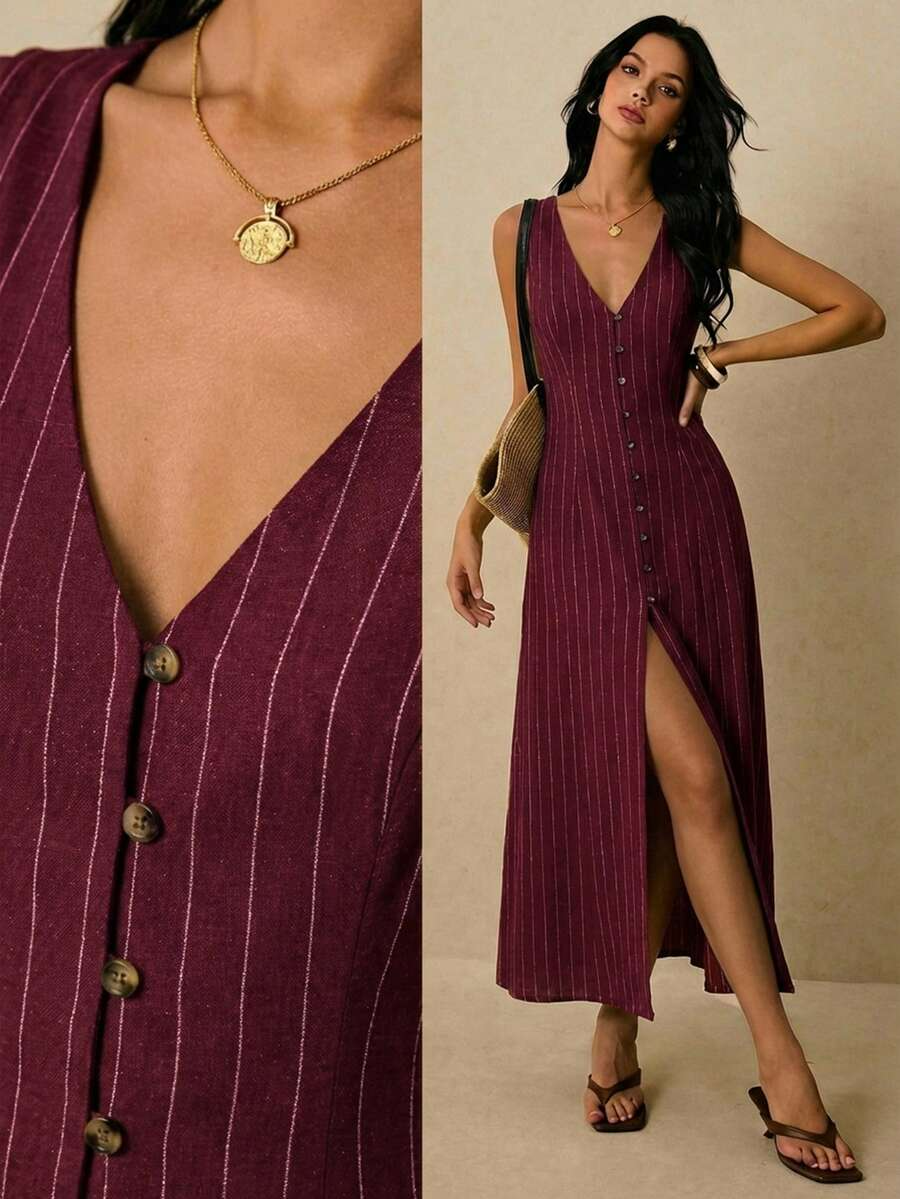 Alicia - Vestido Midi de Rayas con Escote en V