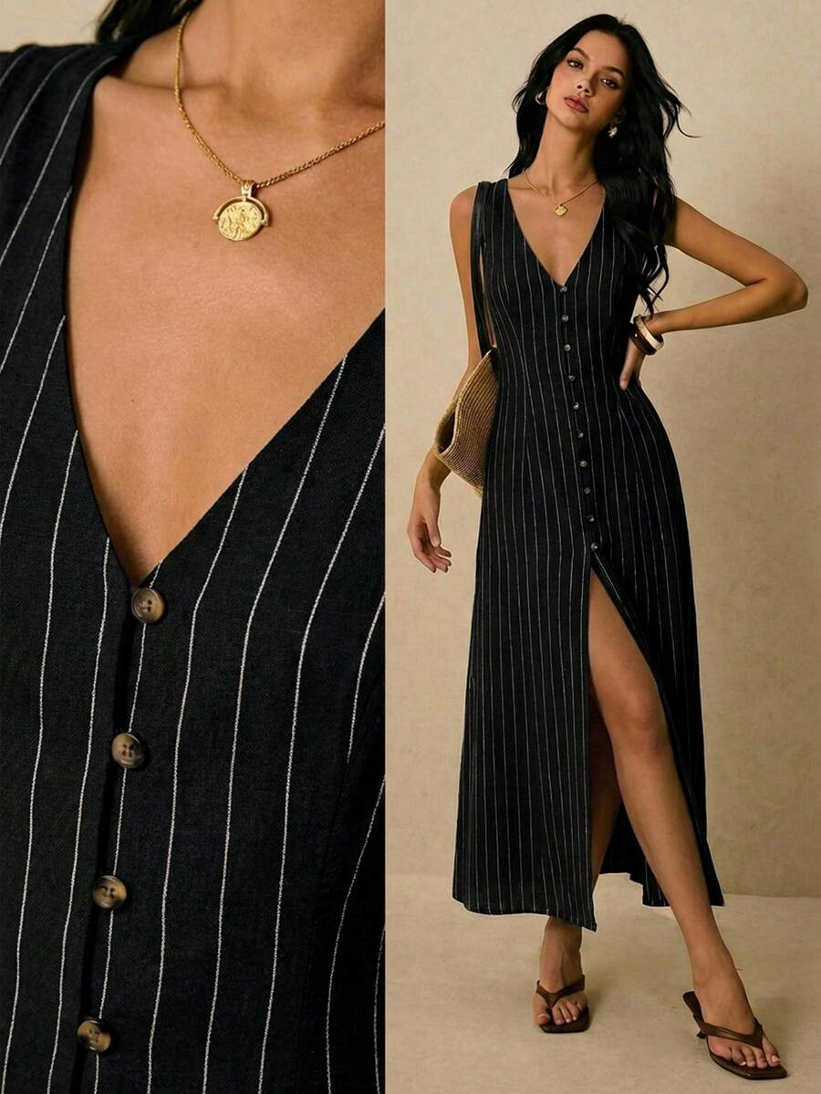 Alicia - Vestido Midi de Rayas con Escote en V