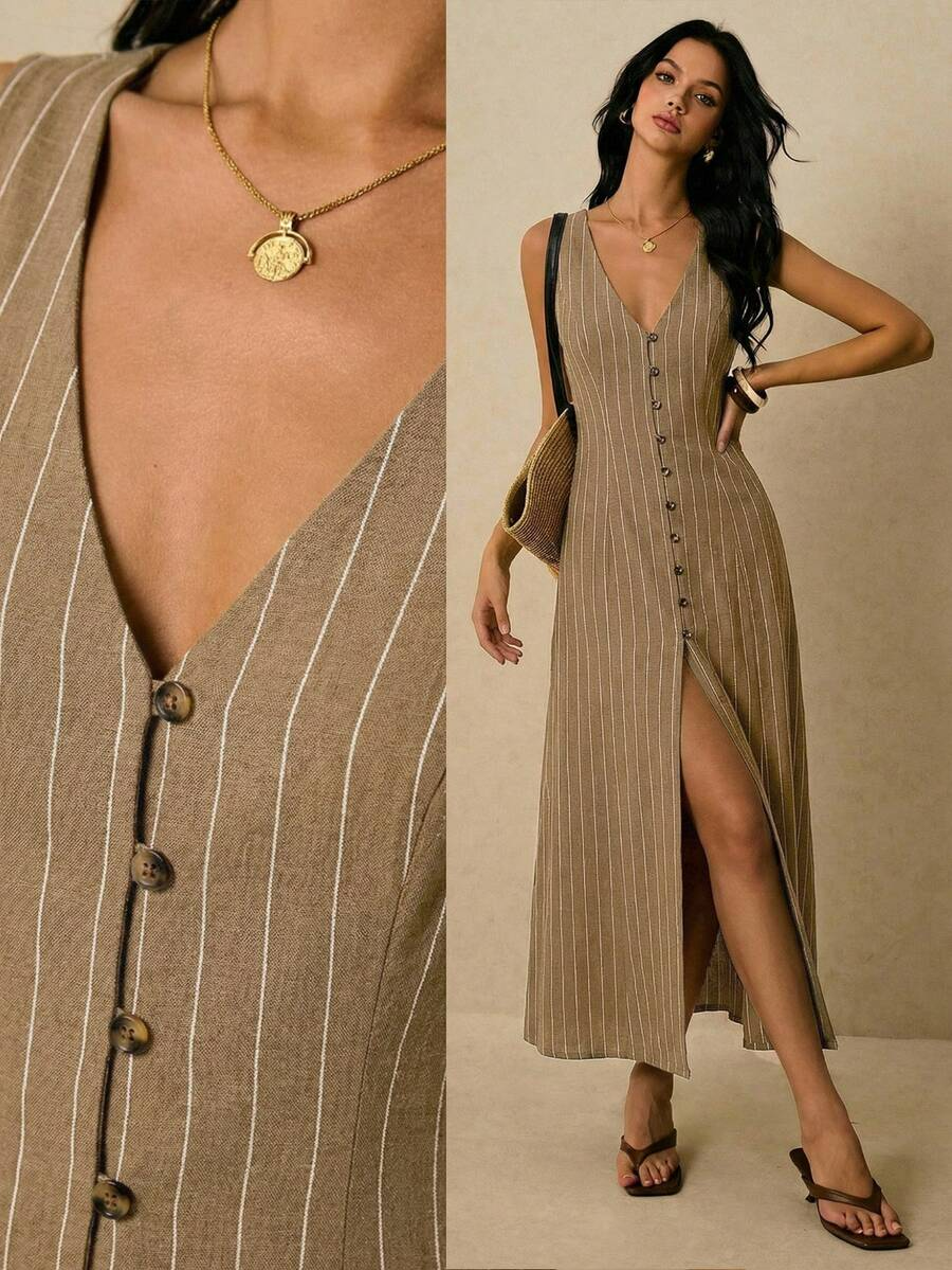 Alicia - Vestido Midi de Rayas con Escote en V