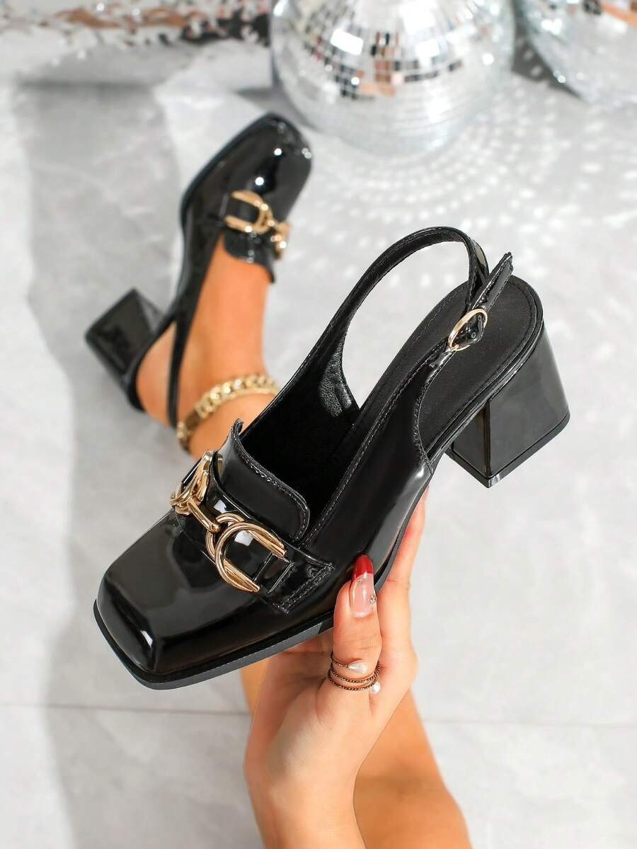 Inés - Slingback Loafer de Tacón Bloque con Cadena Dorada