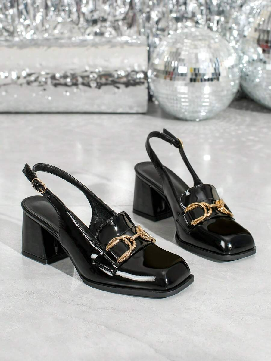 Inés - Slingback Loafer de Tacón Bloque con Cadena Dorada