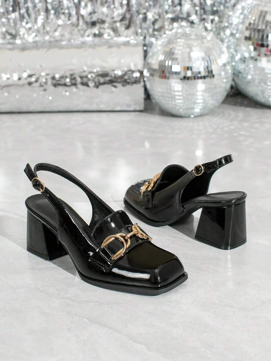 Inés - Slingback Loafer de Tacón Bloque con Cadena Dorada