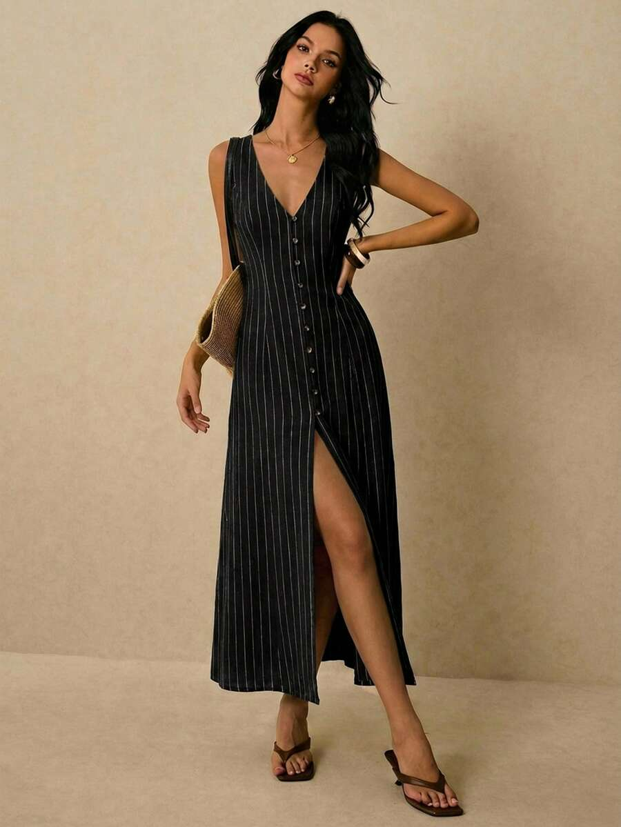 Alicia - Vestido Midi de Rayas con Escote en V