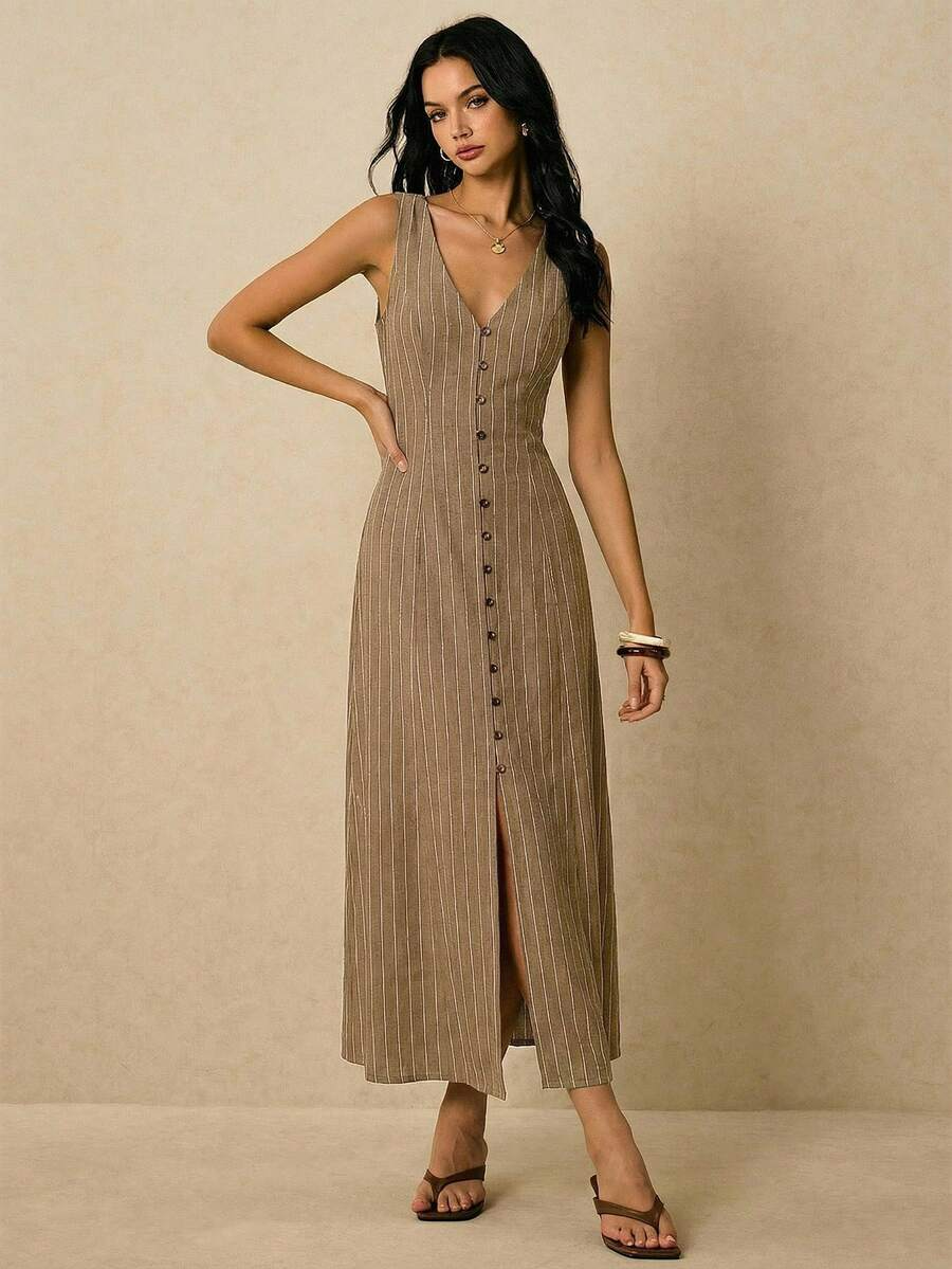 Alicia - Vestido Midi de Rayas con Escote en V