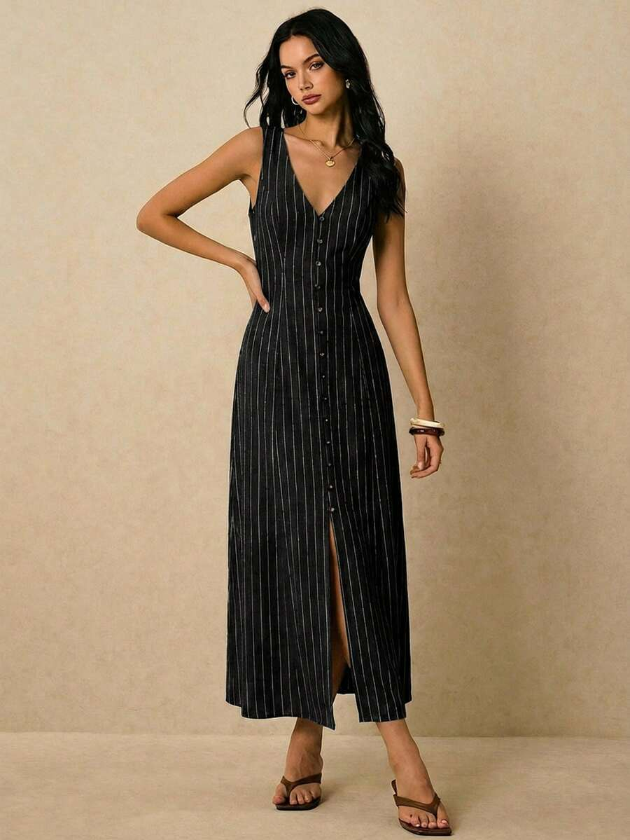 Alicia - Vestido Midi de Rayas con Escote en V