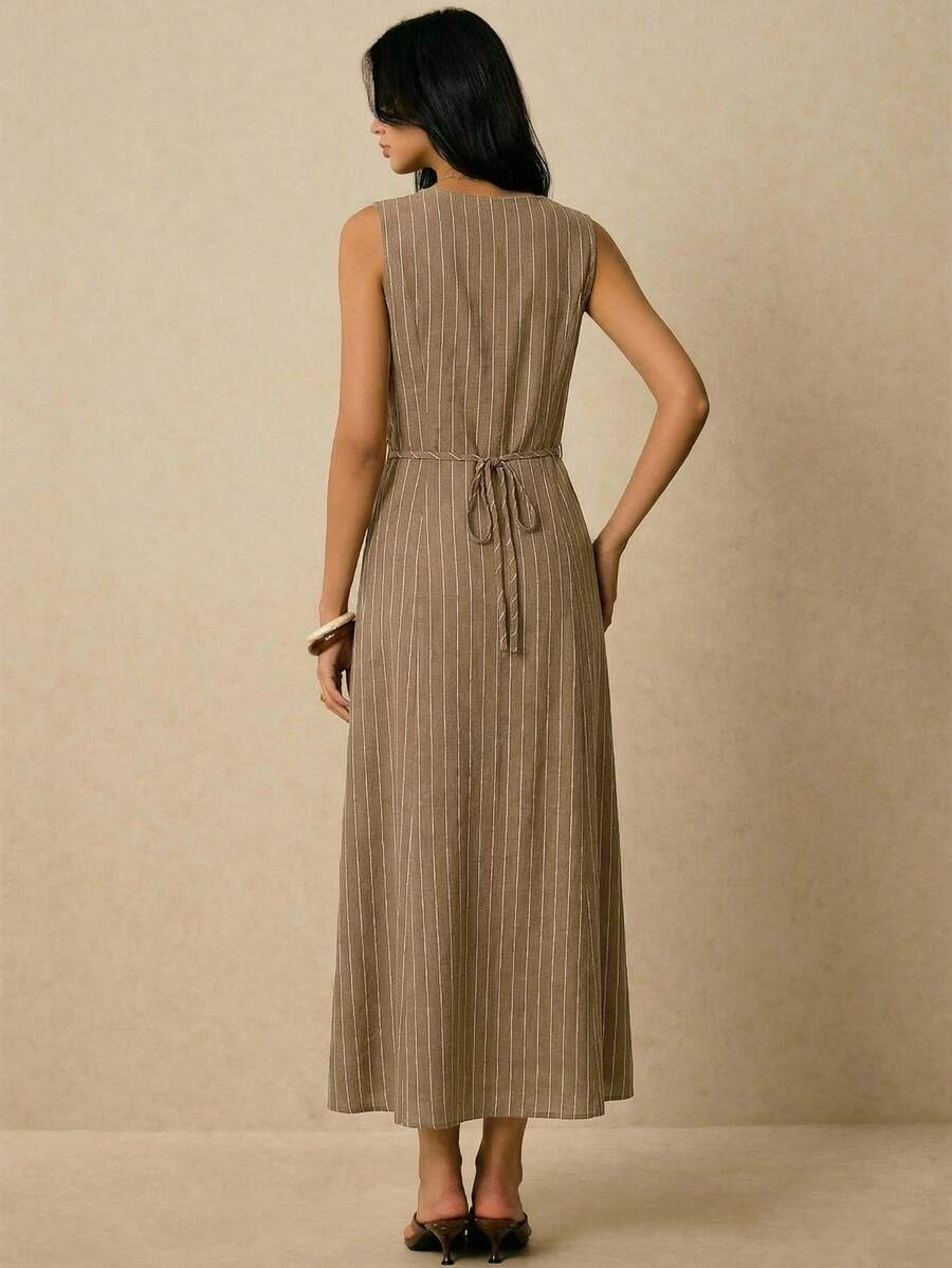 Alicia - Vestido Midi de Rayas con Escote en V