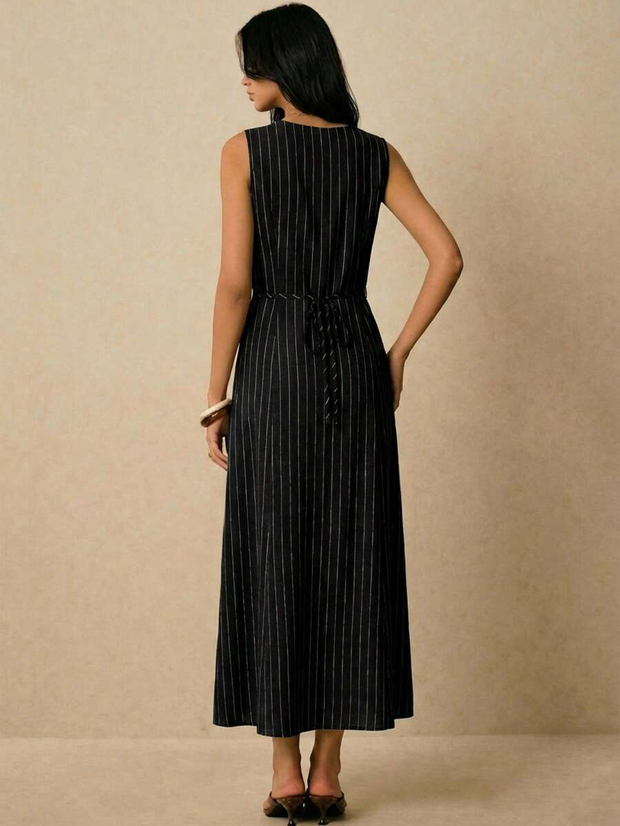 Alicia - Vestido Midi de Rayas con Escote en V