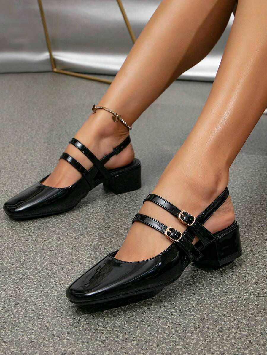 Carlota - Slingback de Charol con Doble Tira y Tacón Bloque