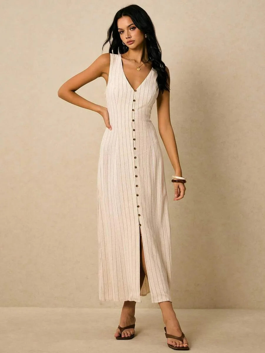 Alicia - Vestido Midi de Rayas con Escote en V