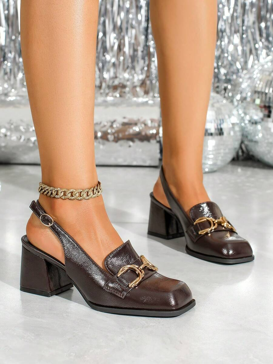 Inés - Slingback Loafer de Tacón Bloque con Cadena Dorada
