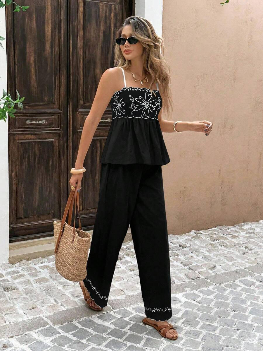 Alba - Conjunto Boho Bordado con Tirantes Finos