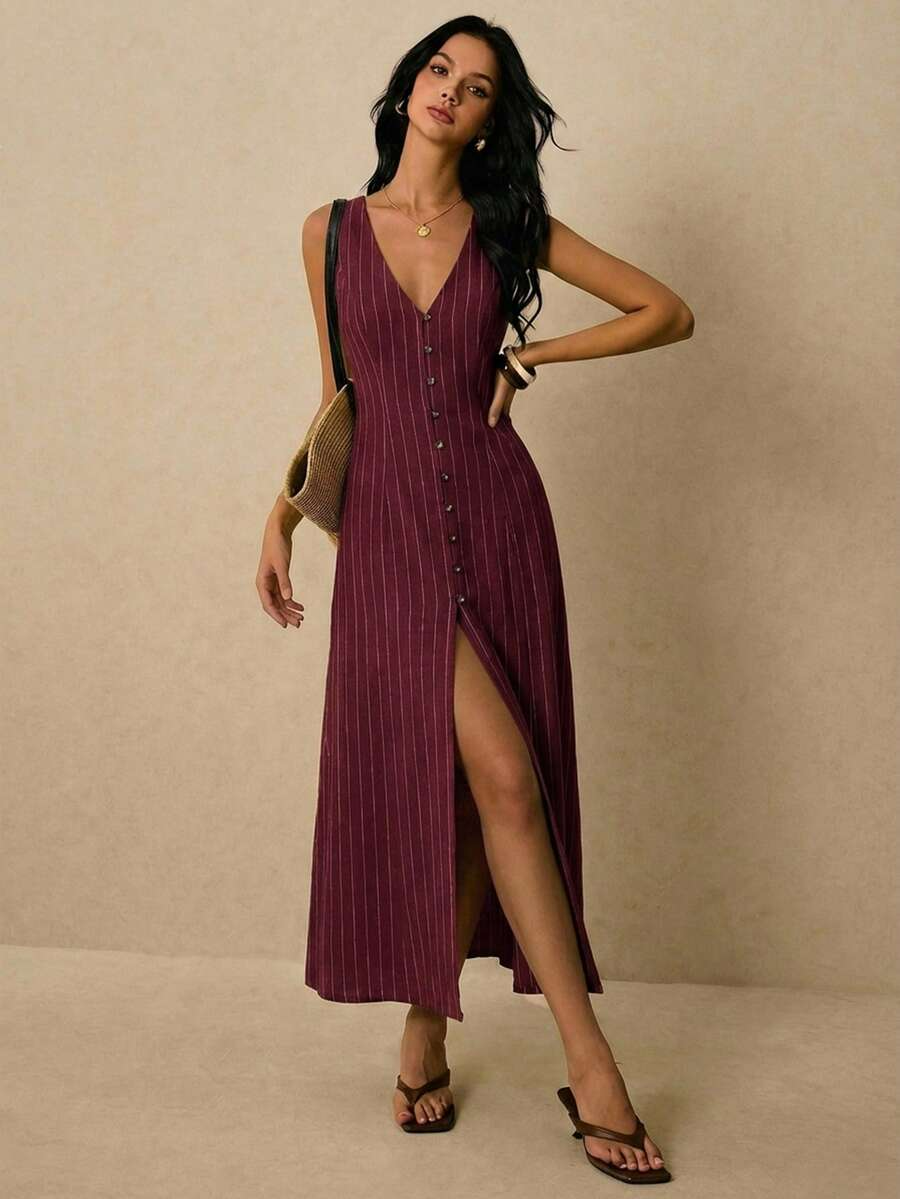 Alicia - Vestido Midi de Rayas con Escote en V