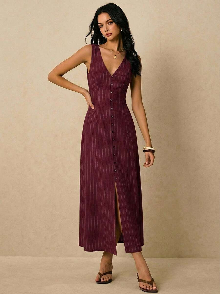 Alicia - Vestido Midi de Rayas con Escote en V