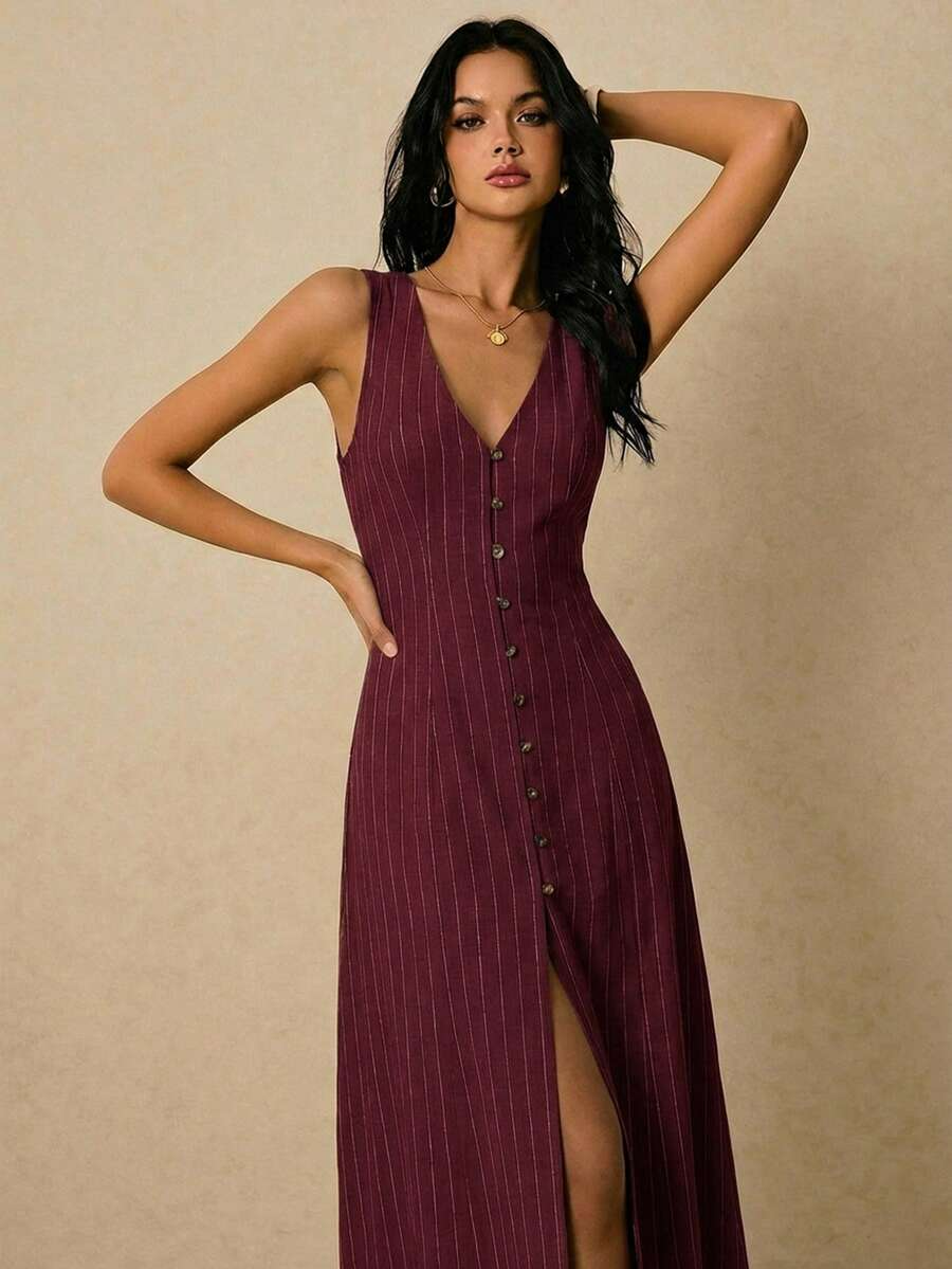 Alicia - Vestido Midi de Rayas con Escote en V