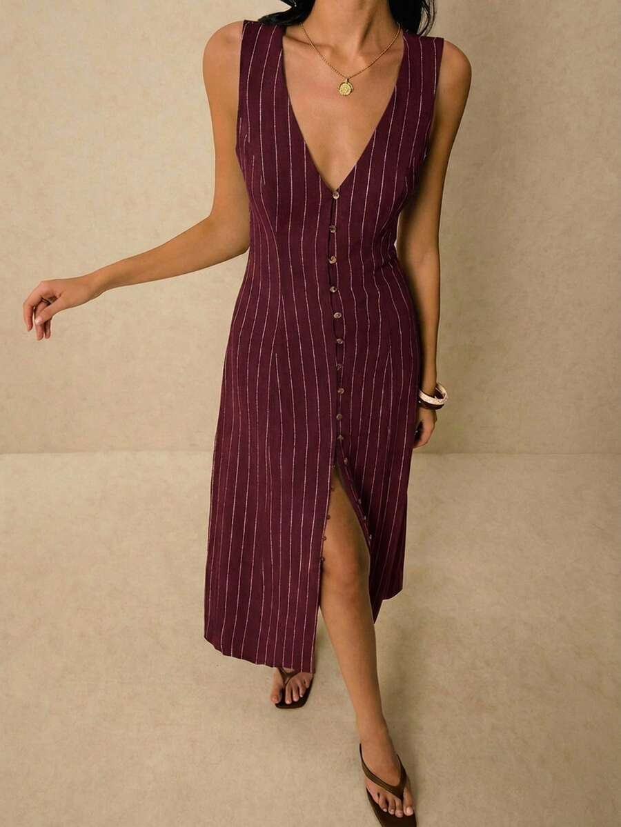 Alicia - Vestido Midi de Rayas con Escote en V