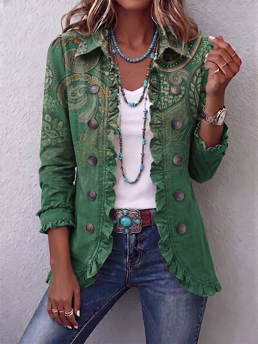 Addolorata | Chaqueta Estampado Cachemira Verde con Volantes